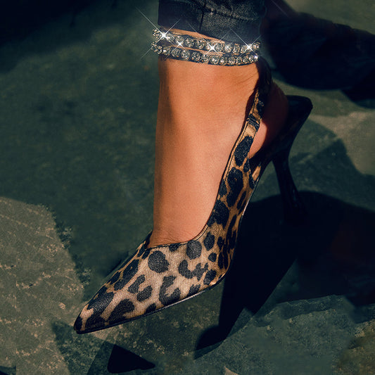 Women's Leopard Print Ankle Strap Pumps Heels with Rhinestones