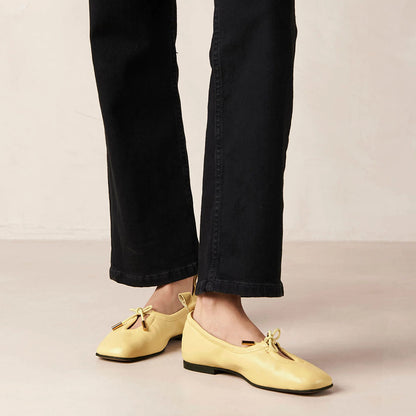 Yellow Square Toe Lace Up Bow Comfortable Ballet Flats
