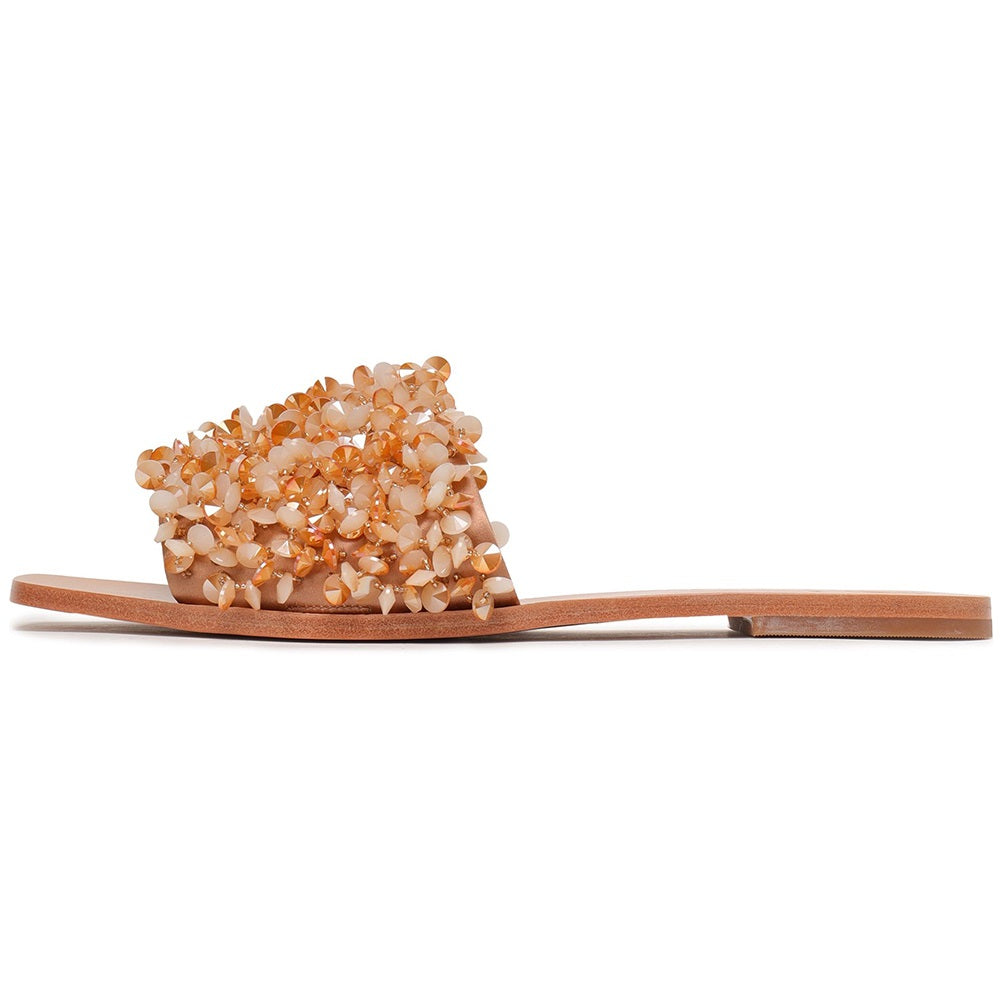 Tan Open Toe Flats Women's Slide Sandals