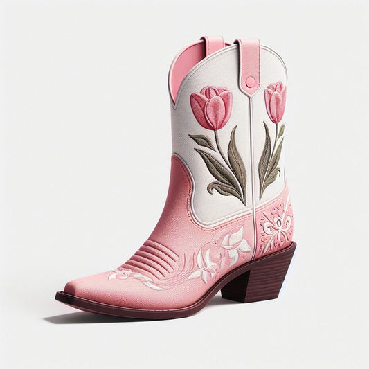 Pink & White Tulips Embroidery Chunky Heel Short Boots for Women