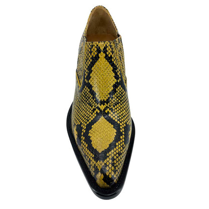 Yellow & Black Snake Embossed Almond Toe Chunky Heeled Ankle Boots