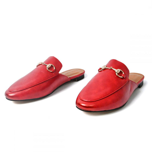 Red Vegan Leather Closed Toe Horsebit Accent Flat Mule Loafers