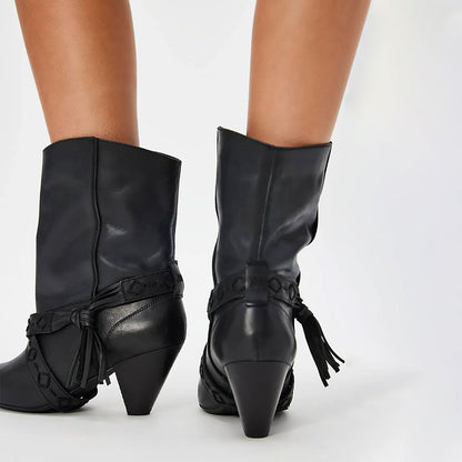 Black Pointed Toe Stitching Strap Western Ankle Boots for Women