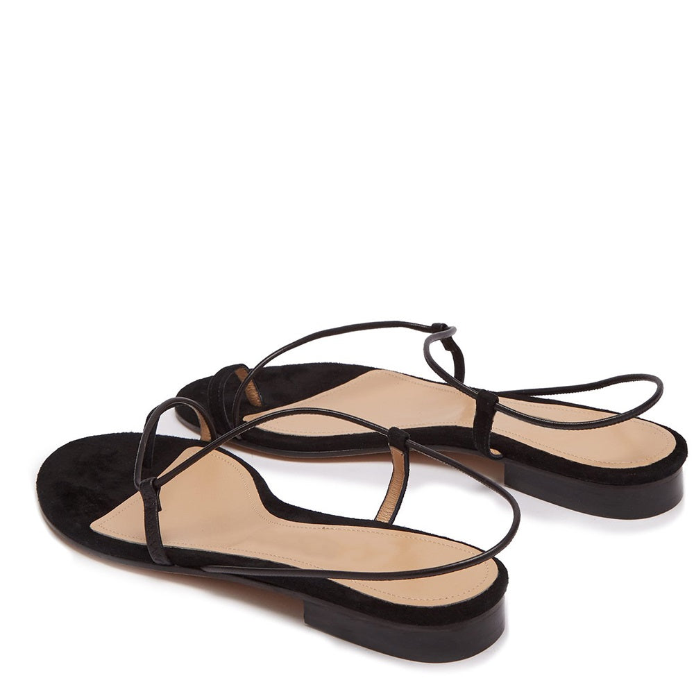 Black Vegan Suede Strappy Flats Toe Loop Sandals