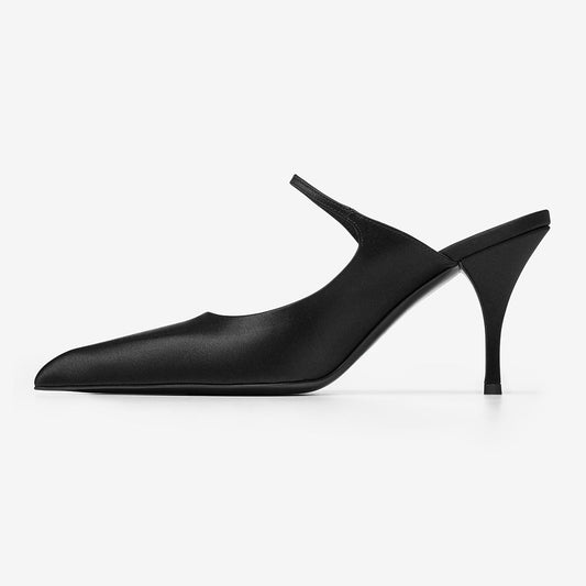 Black Closed Pointed Toe Stiletto Heel Buckled Strap Mules for Women