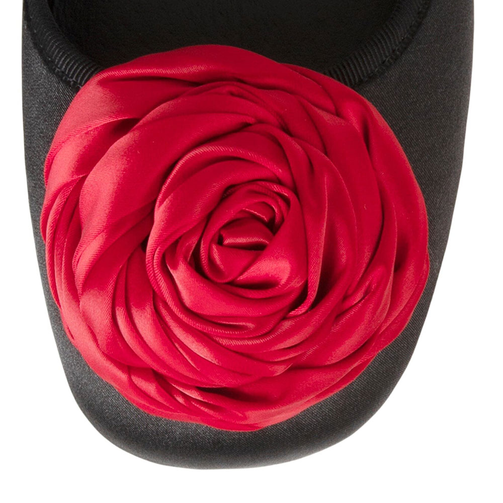 Black Satin Square Toe Ballet Flats with Red Rose Embellished