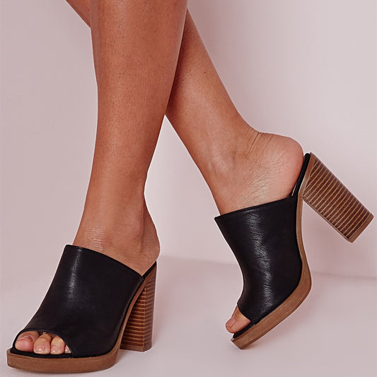 Vintage Black Peep Toe Mules Shoes Wide Band Chunky Heels