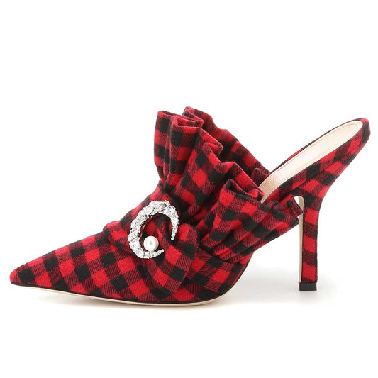 Women's Vintage Black & Red Plaid Pointed Toe Ruffle Mule Heels
