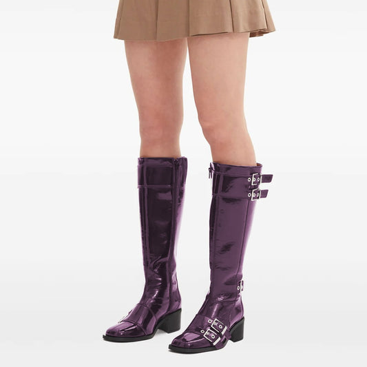 Purple Square Toe Multiple Buckle Strap Block Heel Knee High Boots