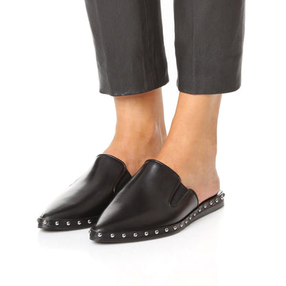 Stylish Black Pointed-Toe Studded Trim Flat Mule Loafers