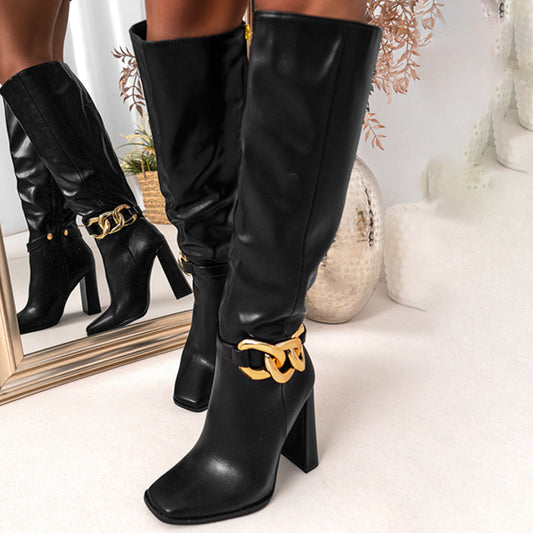 FSJ Black Square Toe Chain Decor Knee High Boots with Block Heels