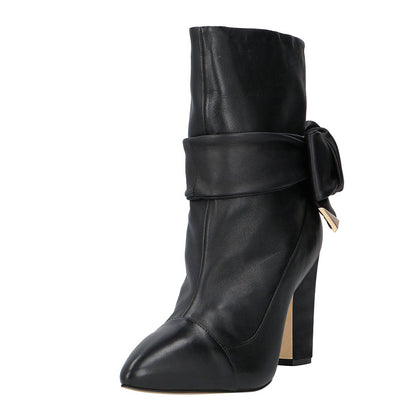 Black Pointed Toe Chunky Heel Knot Strap Ankle Boots for Women