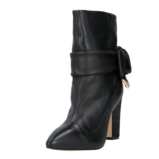 Black Pointed Toe Chunky Heel Knot Strap Ankle Boots for Women