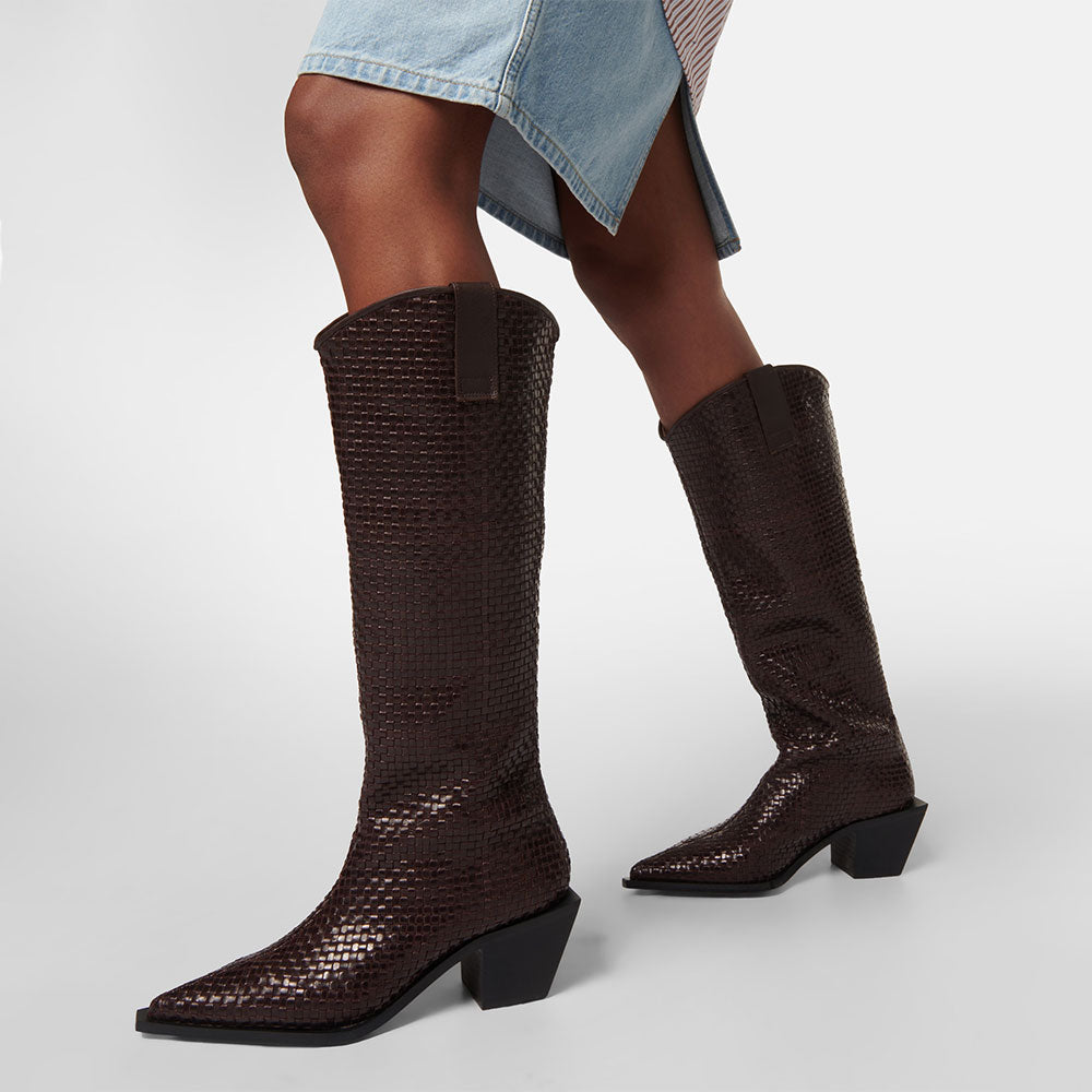 Brown Woven Pointed Toe Block Heel Knee High Boots for Women