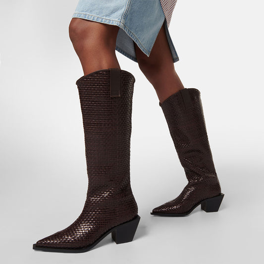Brown Woven Pointed Toe Block Heel Knee High Boots for Women