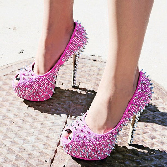Women's Fuchsia Rhinestone Rivets Stiletto Heel Platform Pumps