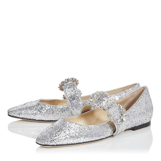 Silver Glitter Rhinestone Square Toe Buckle Comfortable Flats