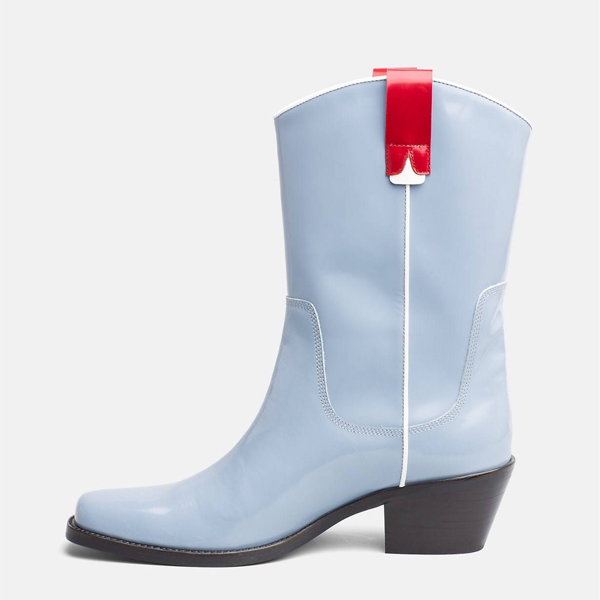 Light Blue Western Boots Patent Leather Chunky Heel Mid Calf Boots