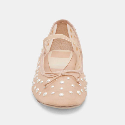 Nude Round Toe Bow Decor Mesh Flats with Pearl Embellished