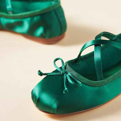 Green Satin Round Toe Criss-Cross Slip-On Ballet Flats with Bow