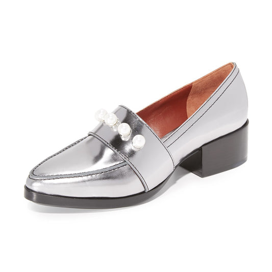 Metallic Silver Pearl Embellished Chunky Heeled Loafers by FSJ