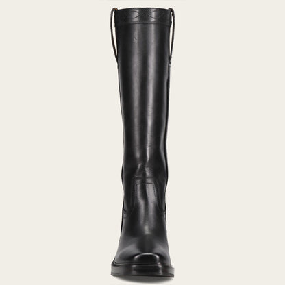 Black Pull-On Square Toe Block Heel Knee High Boots for Women