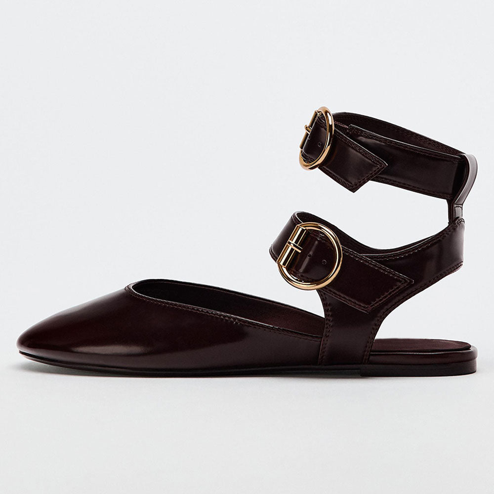 Maroon Round Toe Slingback Ballet Flats with Double Buckled Straps