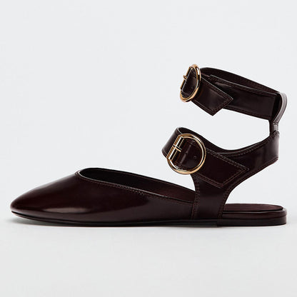 Maroon Round Toe Slingback Ballet Flats with Double Buckled Straps