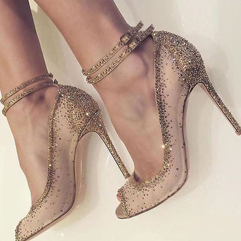 Women's Mesh Splicing Peep Toe Double Buckle Pumps Heels in Nude