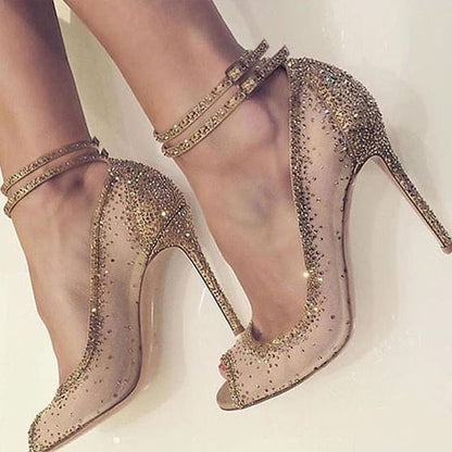 Women's Mesh Splicing Peep Toe Double Buckle Pumps Heels in Nude