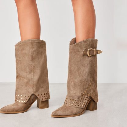 Khaki Vegan Suede Stacked Heel Buckle Studded Fold Over Mid Calf Boots