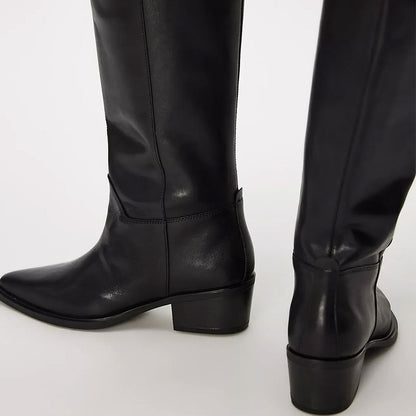 Black Chunky Heel Pointed Toe Pull-On Mid Calf Boots for Women