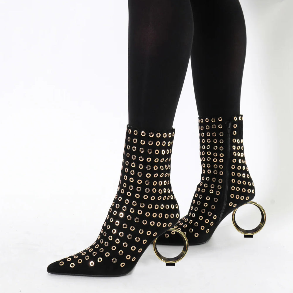 Black Faux Suede Pointed Toe 3'' Decorative Heel Studded Ankle Boots