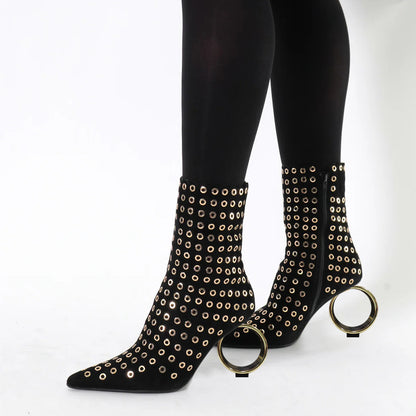 Black Faux Suede Pointed Toe 3'' Decorative Heel Studded Ankle Boots