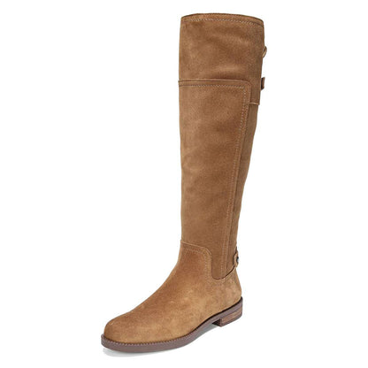 Tan Vegan Suede Round Toe Flat Knee High Boots with Zip