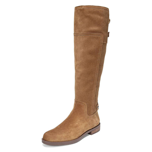 Tan Vegan Suede Round Toe Flat Knee High Boots with Zip