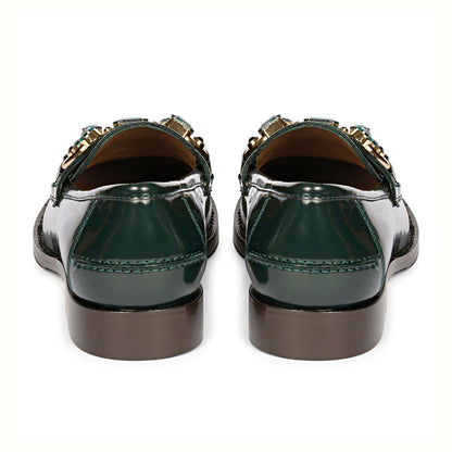 FSJ Luxurious Dark Green Round Toe Jewelry Flat Horsebit Loafers