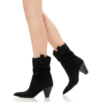Black Vegan Suede Pointed Toe Cone Heel Pull Tab Mid Calf Boots
