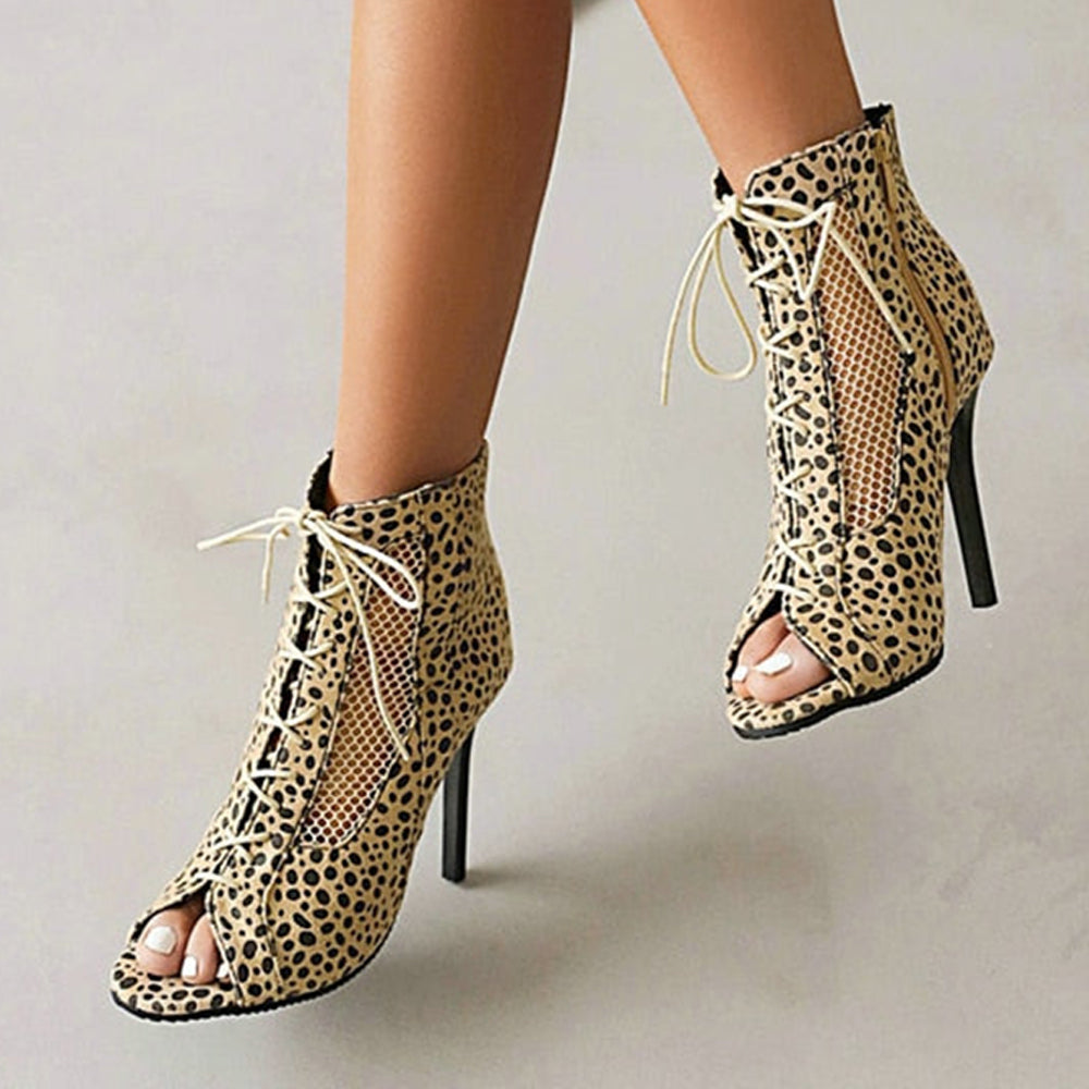 Beige Leopard Print Peep Toe 3'' Stiletto Heel Lace Up Ankle Boots