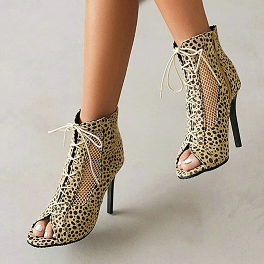 Beige Leopard Print Peep Toe 3'' Stiletto Heel Lace Up Ankle Boots