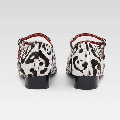 Stylish White & Black Square Toe Leopard Print Mary Jane Flats