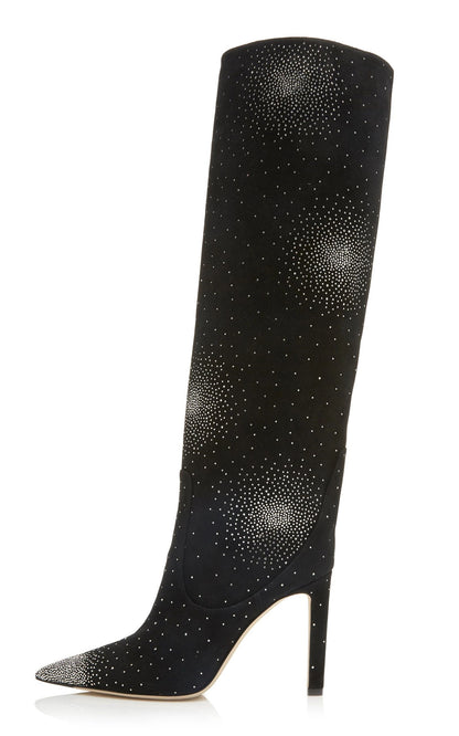 Black Vegan Suede Rhinestone Stiletto Heel Knee High Boots