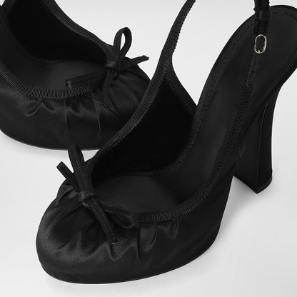 Black Satin Bow Decor Round Toe Pleated Platform Slingback Heels