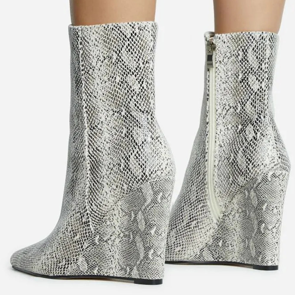 Women's Snake Textured Pointed Toe Zipper Wedge Heel Ankle Boots