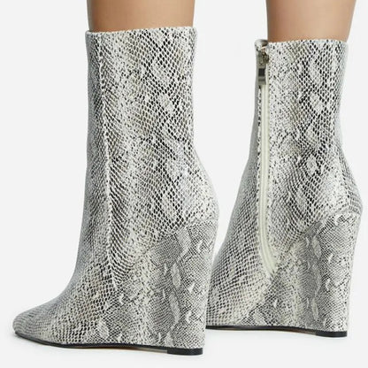 Women's Snake Textured Pointed Toe Zipper Wedge Heel Ankle Boots