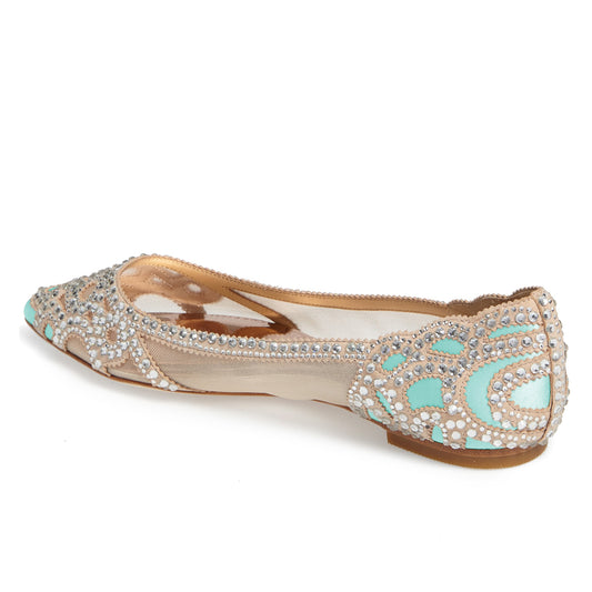 Champagne and Cyan Wedding Shoes Pointy Toe Rhinestone Flats