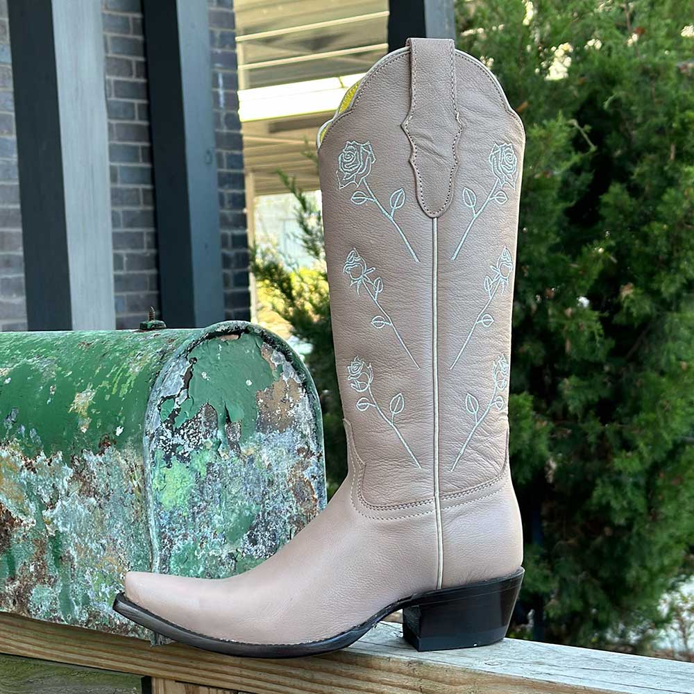 Nude Rose Embroidered Chunky Heel Mid-Calf Cowboy Boots for Women