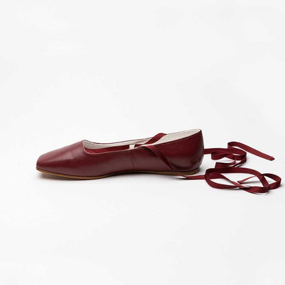 Maroon Vegan Leather Square Toe Lace-Up Comfortable Ballet Flats