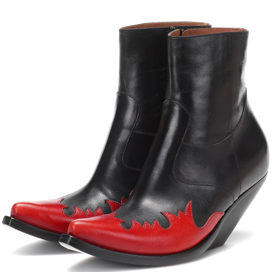 Black & Red Flame Booties Pointed Toe Wedge Western Ankle Boots