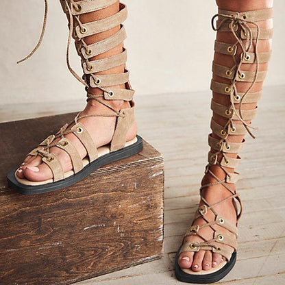 Light Brown Square Toe Gladiator Sandals Lace Up Flats Sandals